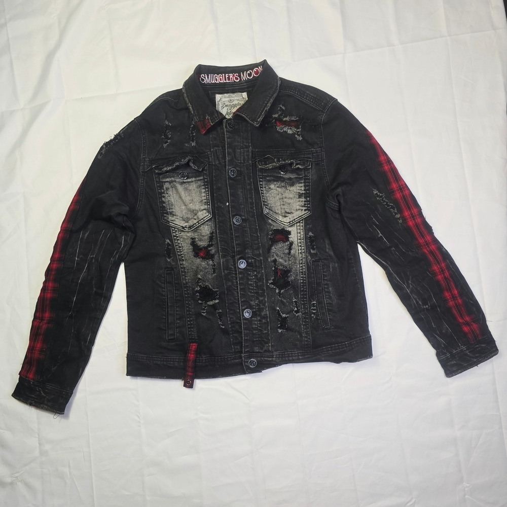 Smugglers Moon Men's Distressed Denim Jacket Large Black Red Plaid Trucker B74